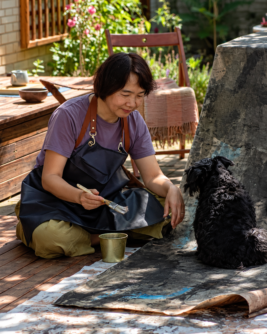 Li Dongxia working in a courtyard